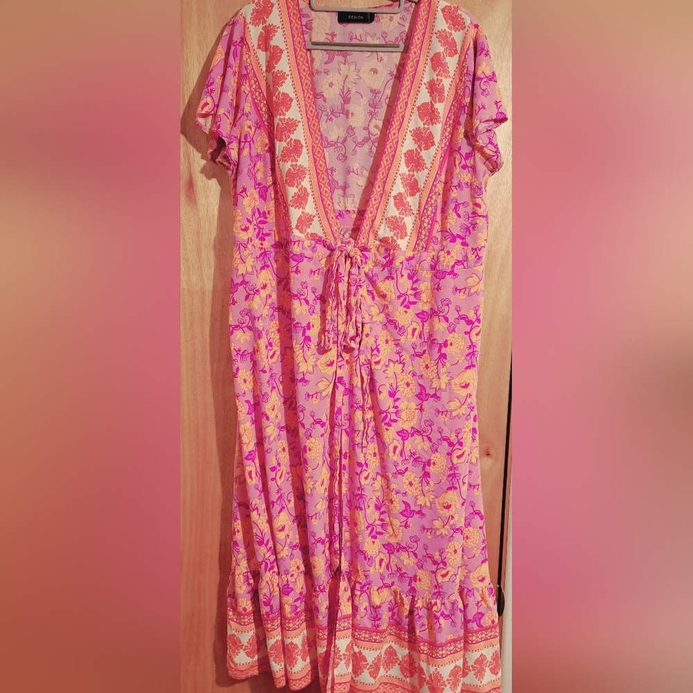 ZESICA Floral Wrap Maxi Dress Bohemian 2XL Womens Pink Purple PreOwned